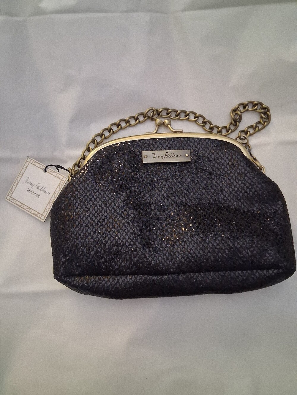 NWT Jenny Packham Black Caviar Glitter Clutch/Wristlet Antique Gold Accents 6x8